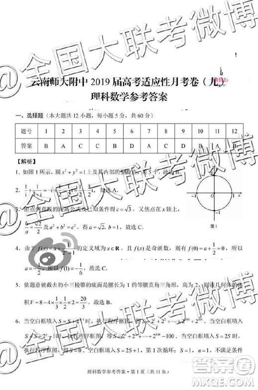 2019年云南師大附中第九次月考文理數(shù)答案