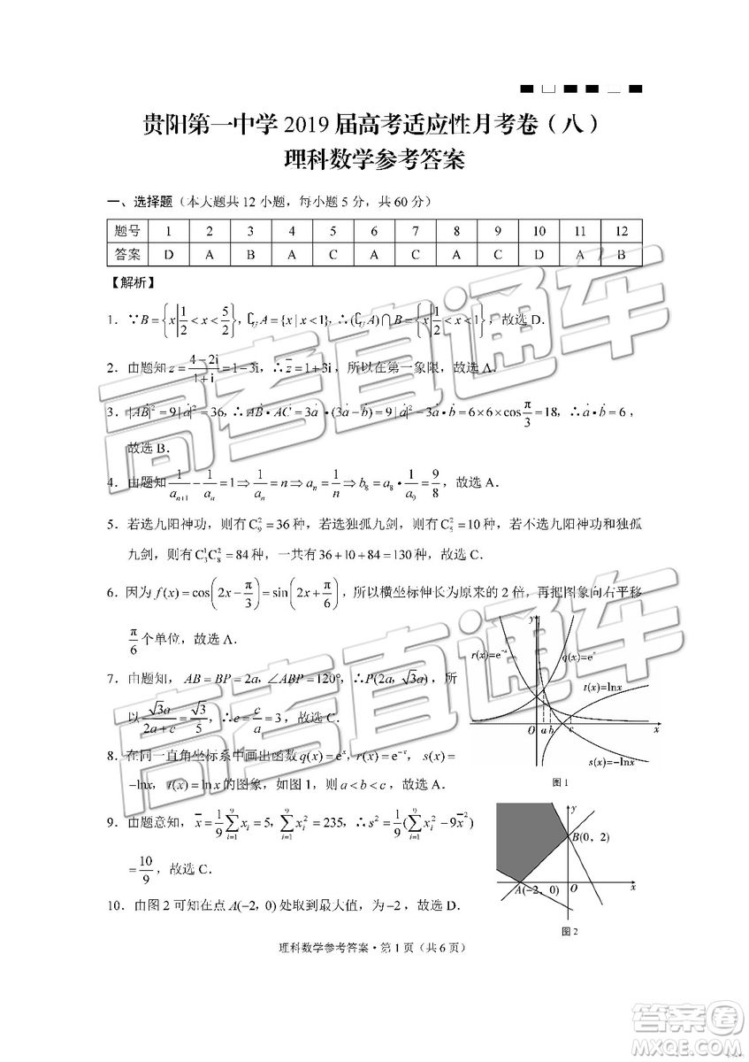 2019年貴陽一中第八次月考理數(shù)參考答案