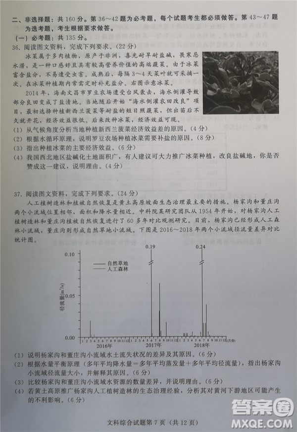 2019年拉薩市高三第三次模擬考試文綜試卷答案