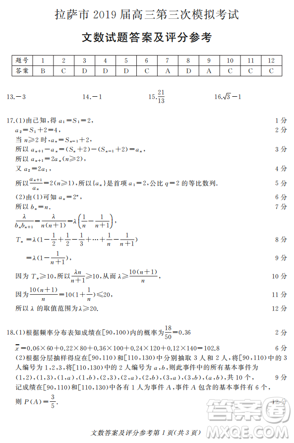 2019年拉薩市高三第三次模擬考試文數(shù)試卷答案