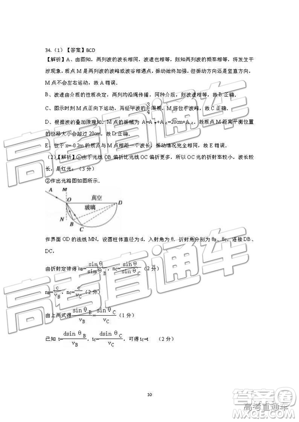 2019年成都石室中學高考適應性考試二理綜參考答案