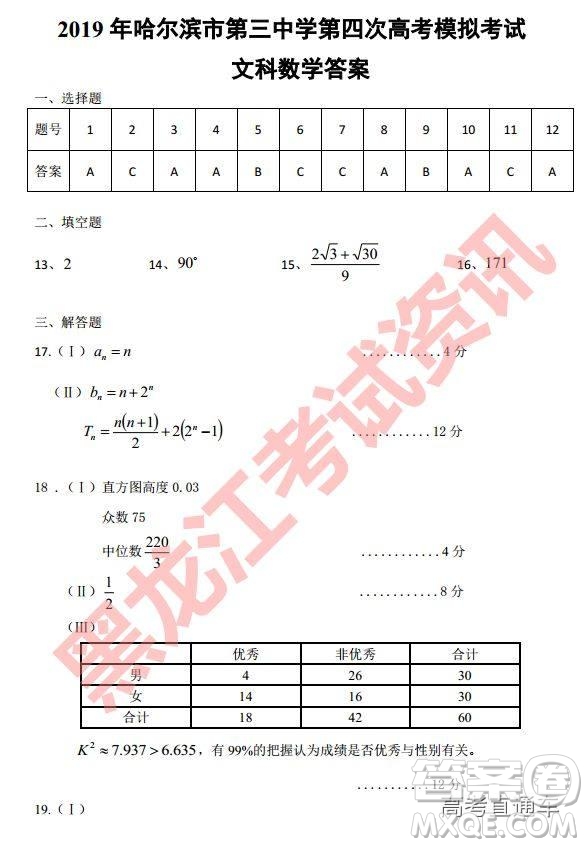 2019年哈三中四模文數(shù)試題及參考答案