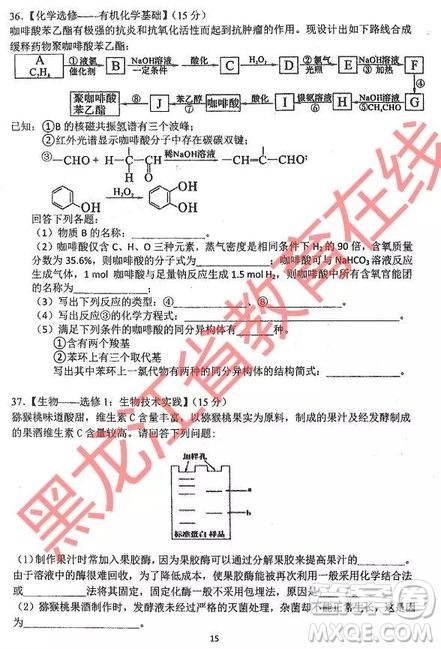 2019年哈三中四模理綜試題及參考答案