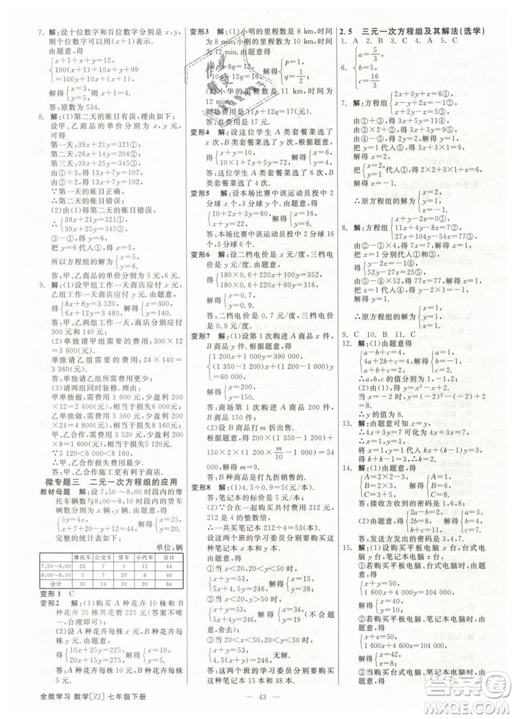 2019年全效學(xué)習(xí)課時提優(yōu)七年級下冊數(shù)學(xué)浙教版參考答案