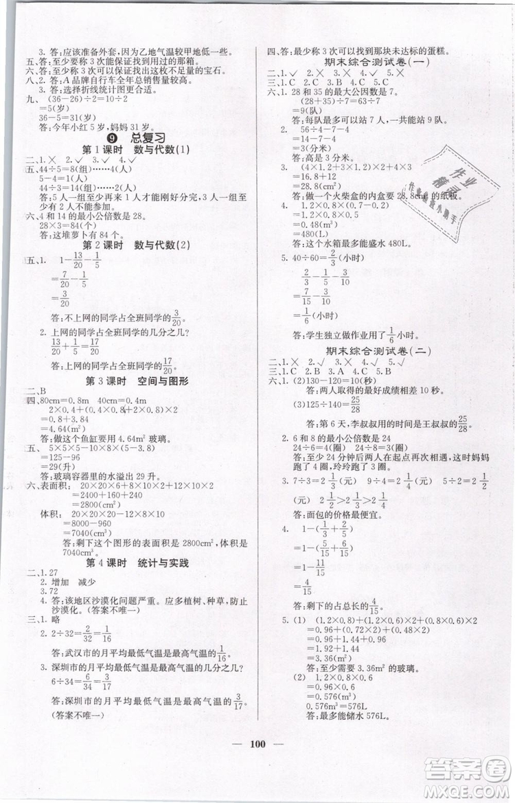 2019年課堂點(diǎn)睛五年級數(shù)學(xué)下冊人教版答案