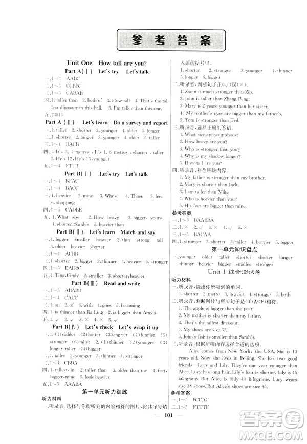 希望出版社2019年課堂點(diǎn)睛六年級(jí)英語(yǔ)下冊(cè)人教版參考答案