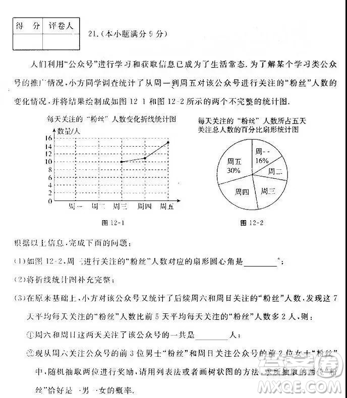 2019年河北省初中畢業(yè)班升學(xué)文化課模擬考試二數(shù)學(xué)試題及答案