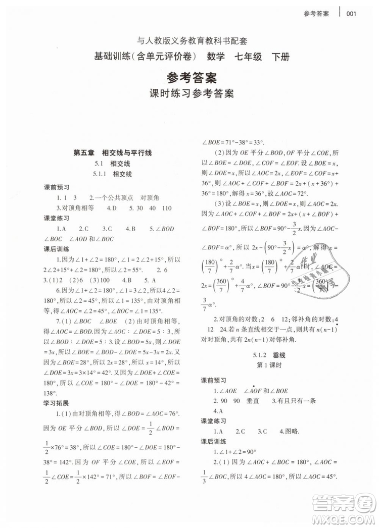 2019年基礎(chǔ)訓(xùn)練七年級(jí)數(shù)學(xué)下冊(cè)人教版大象出版社答案