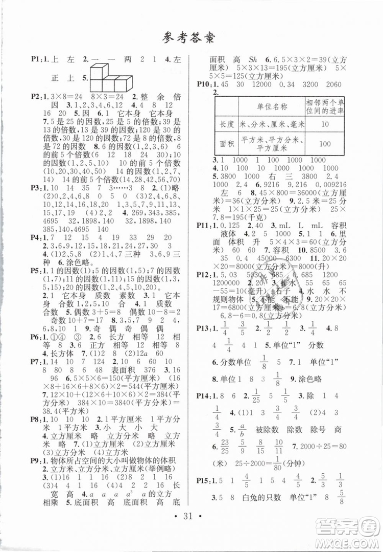 2019年名校課堂五年級數(shù)學下冊RJ人教版參考答案