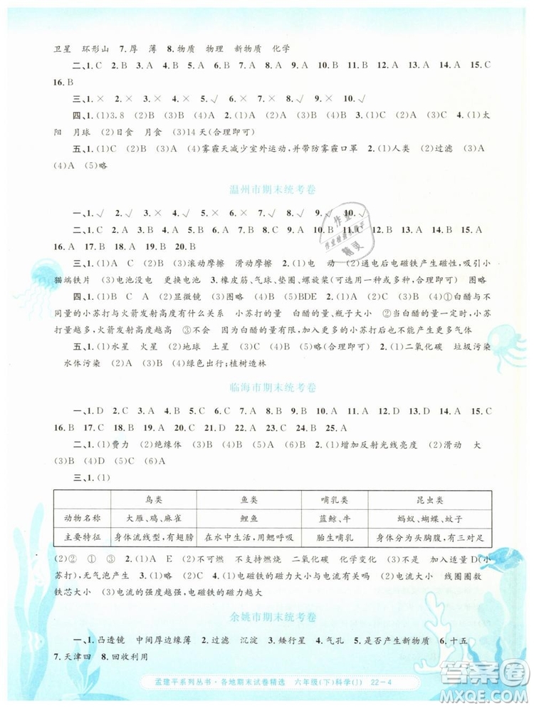 2019年孟建平各地期末試卷精選六年級科學(xué)下冊教科版答案