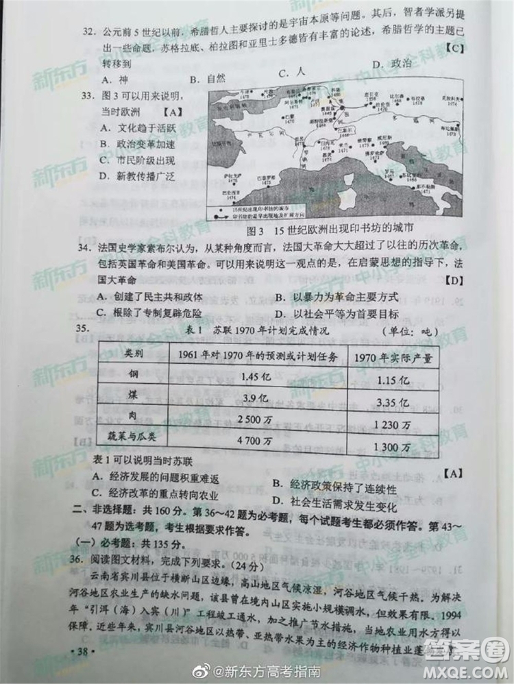 2019年高考全國二2卷文理綜參考答案