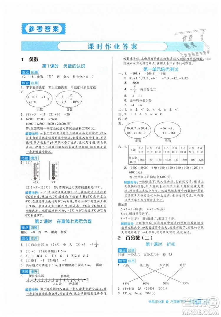 全品作業(yè)本2019年六年級數(shù)學(xué)下冊人教版參考答案