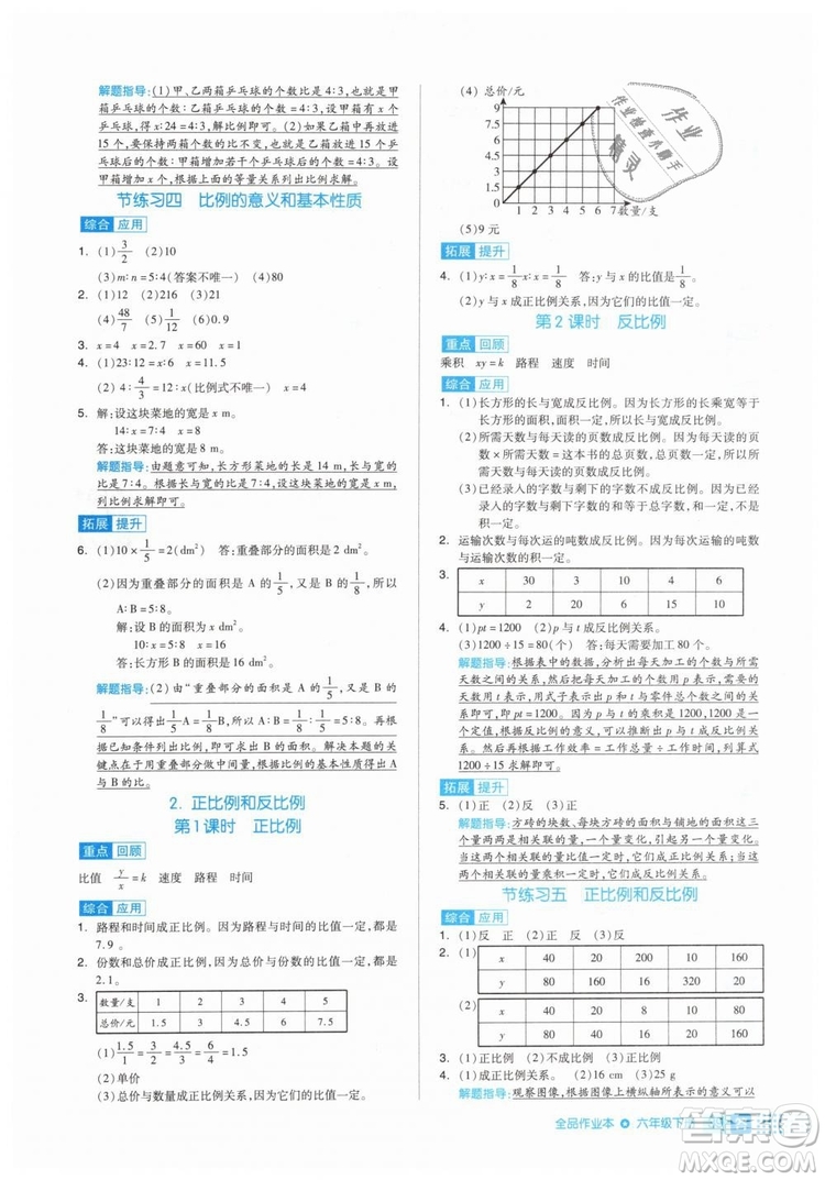 全品作業(yè)本2019年六年級數(shù)學(xué)下冊人教版參考答案