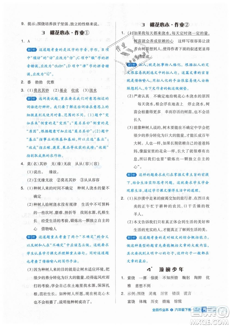 2019年全品作業(yè)本六年級(jí)語(yǔ)文下冊(cè)人教版答案