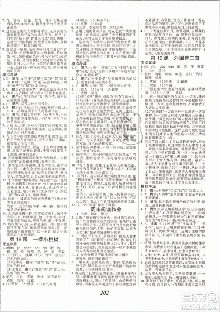 2019年全優(yōu)課堂考點集訓與滿分備考七年級語文下冊人教版答案