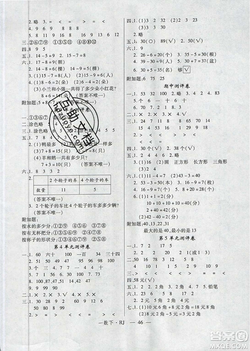 2019優(yōu)翼叢書學(xué)練優(yōu)小學(xué)數(shù)學(xué)一年級下RJ人教版參考答案