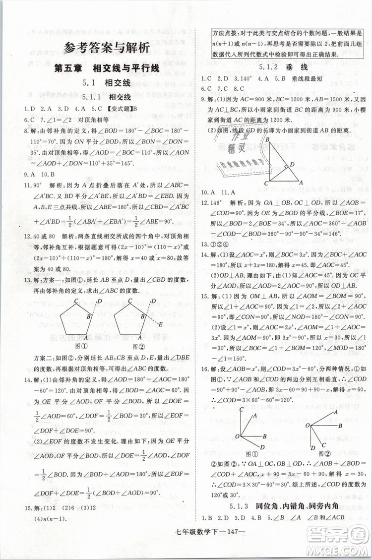 2019年優(yōu)翼叢書學(xué)練優(yōu)初中數(shù)學(xué)七年級(jí)下RJ人教版武漢專版參考答案