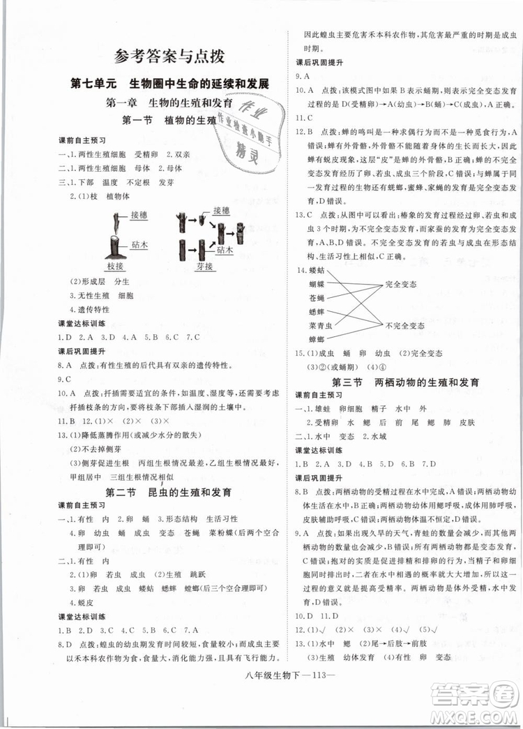 2019年優(yōu)翼學練優(yōu)學科思維訓練法八年級生物下冊RJ人教版參考答案