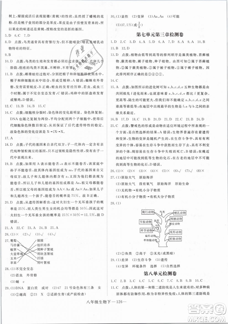 2019年優(yōu)翼學練優(yōu)學科思維訓練法八年級生物下冊RJ人教版參考答案