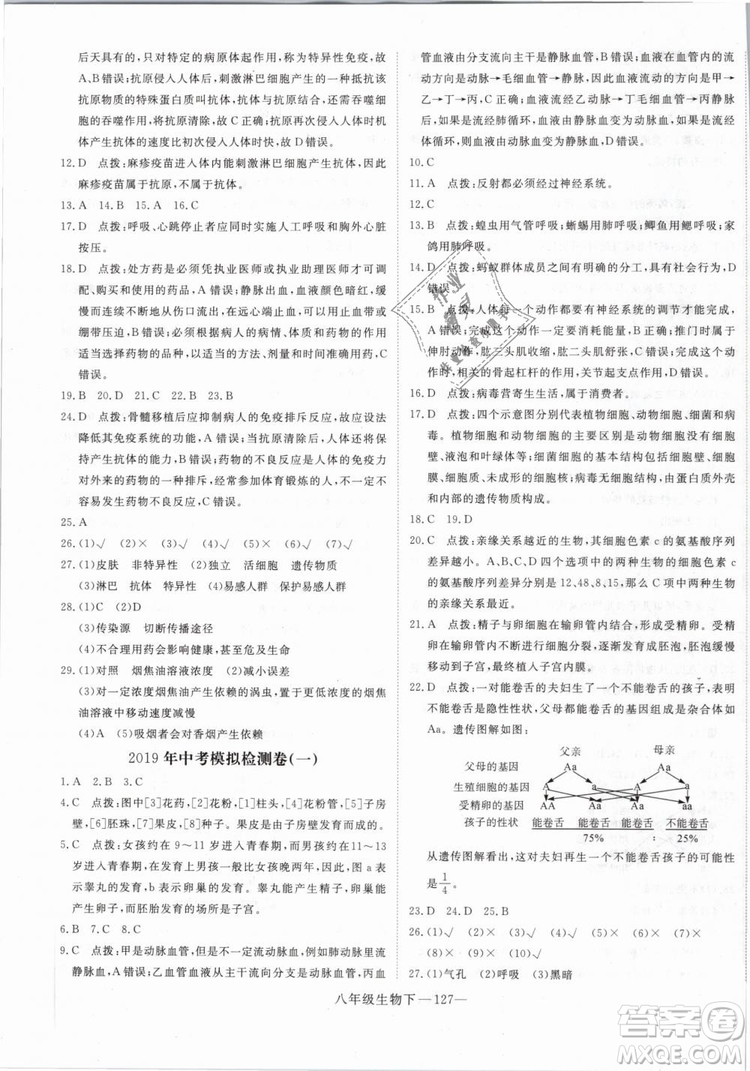 2019年優(yōu)翼學練優(yōu)學科思維訓練法八年級生物下冊RJ人教版參考答案