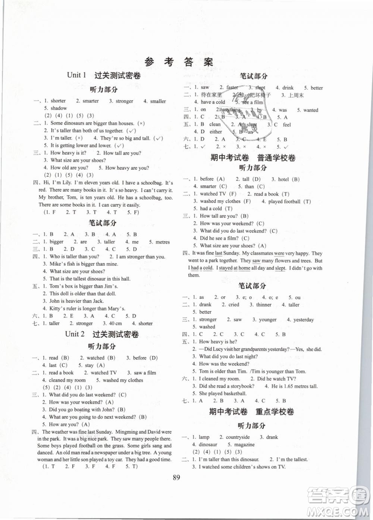 2019年期末沖刺100分完全試卷六年級(jí)英語(yǔ)下冊(cè)人教PEP全新版參考答案