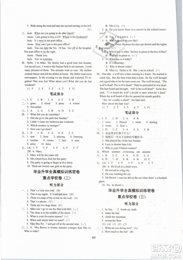 2019年期末沖刺100分完全試卷六年級(jí)英語(yǔ)下冊(cè)人教PEP全新版參考答案