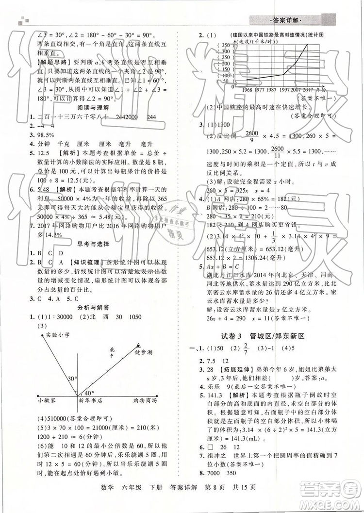 2019年王朝霞期末真題精編六年級數(shù)學下冊人教版鄭州都市版參考答案