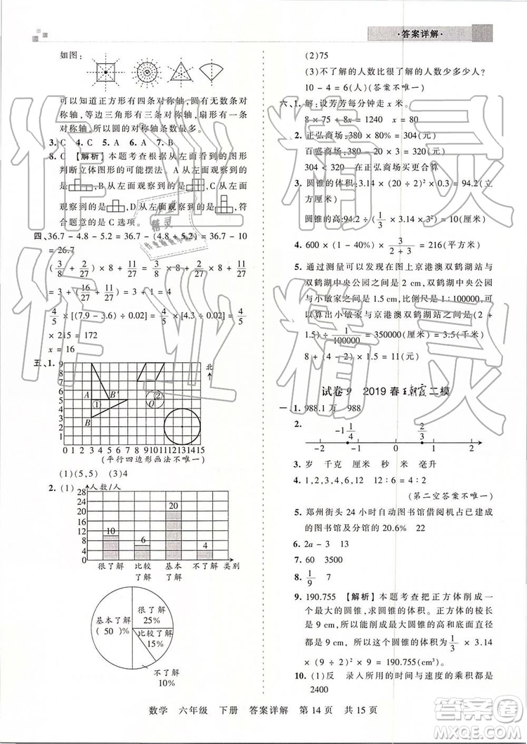 2019年王朝霞期末真題精編六年級數(shù)學下冊人教版鄭州都市版參考答案