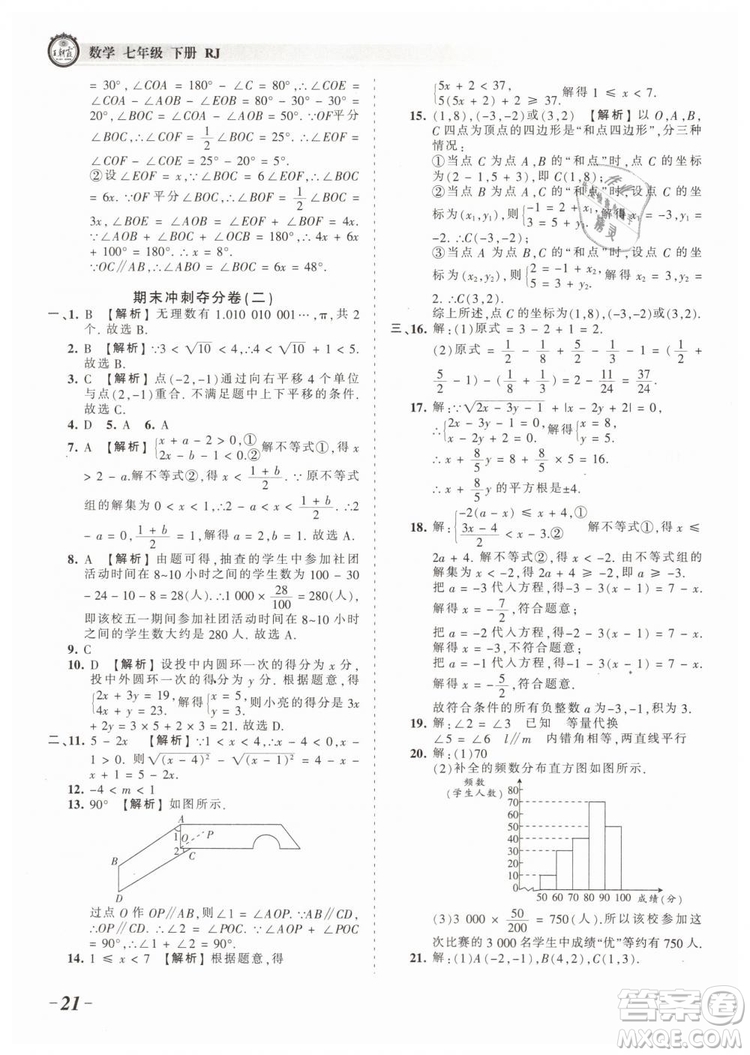 2019年王朝霞考點(diǎn)梳理時(shí)習(xí)卷七年級(jí)數(shù)學(xué)下冊(cè)人教版參考答案