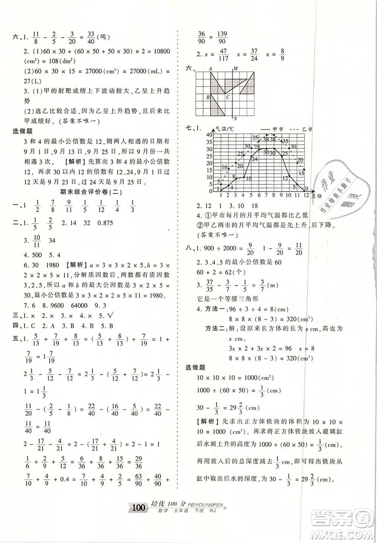 2019年王朝霞培優(yōu)100分五年級(jí)數(shù)學(xué)下冊(cè)人教版參考答案