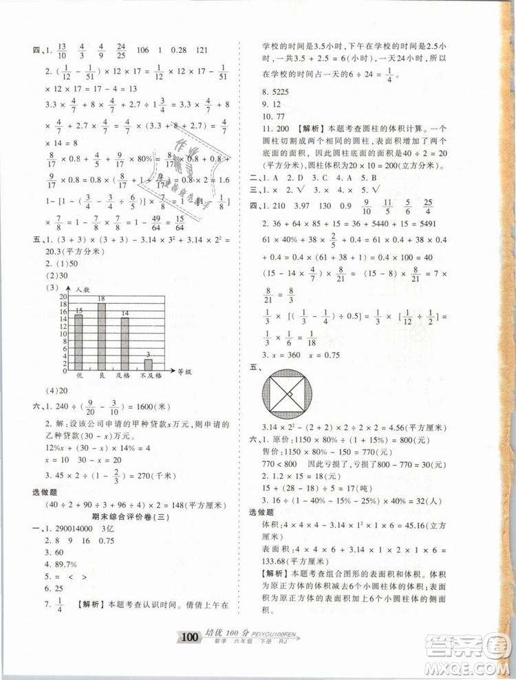 2019年王朝霞培優(yōu)100分六年級(jí)數(shù)學(xué)下冊人教版參考答案