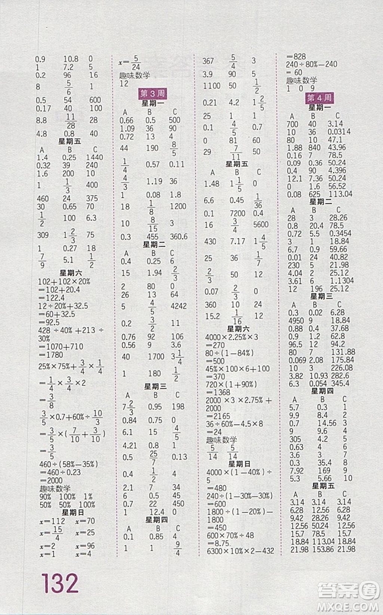 2019年王朝霞口算小達(dá)人六年級下冊人教版參考答案