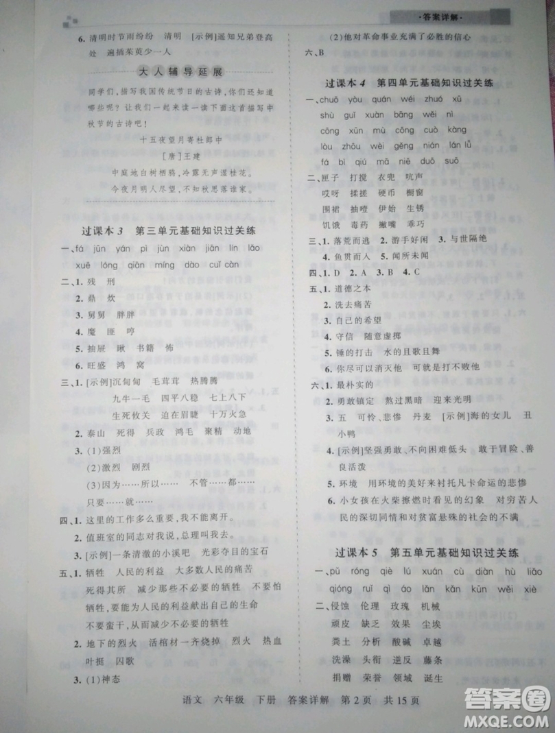 鄭州都市版2019年王朝霞期末真題精編六年級(jí)語(yǔ)文下冊(cè)人教版參考答案