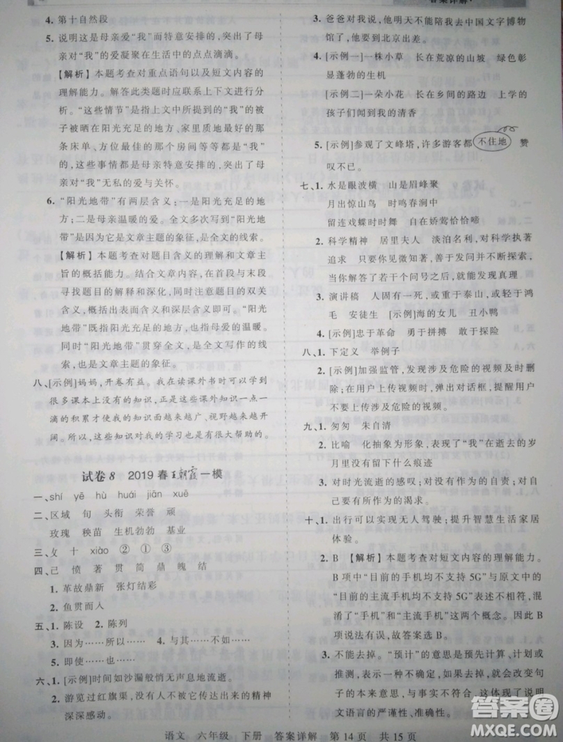 鄭州都市版2019年王朝霞期末真題精編六年級(jí)語(yǔ)文下冊(cè)人教版參考答案