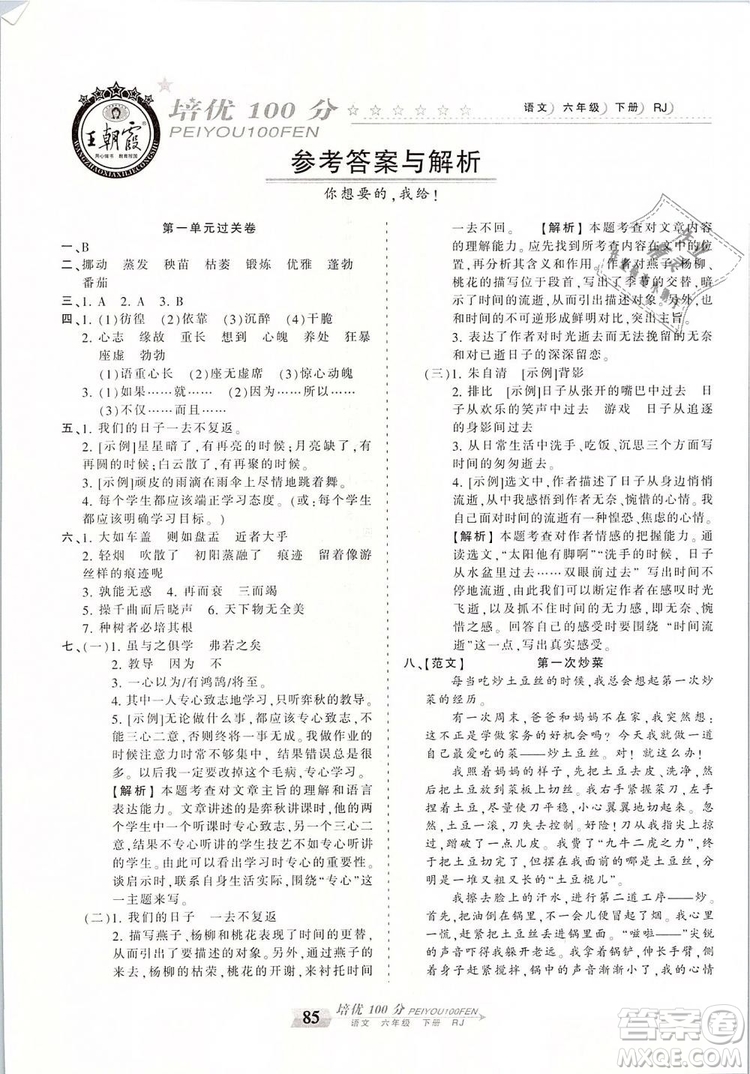 2019年王朝霞培優(yōu)100分六年級(jí)語(yǔ)文下冊(cè)人教版參考答案