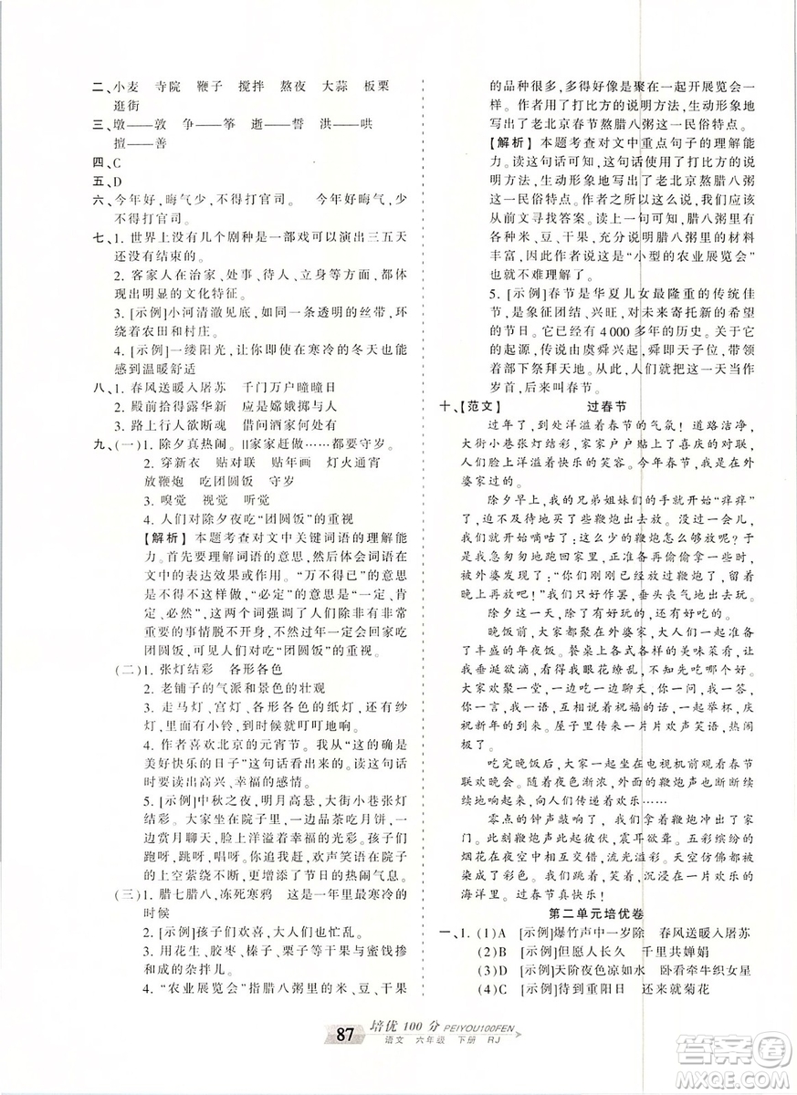 2019年王朝霞培優(yōu)100分六年級(jí)語(yǔ)文下冊(cè)人教版參考答案