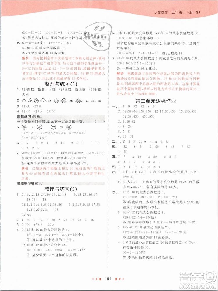 曲一線2019年53天天練五年級下冊數(shù)學SJ蘇教版參考答案