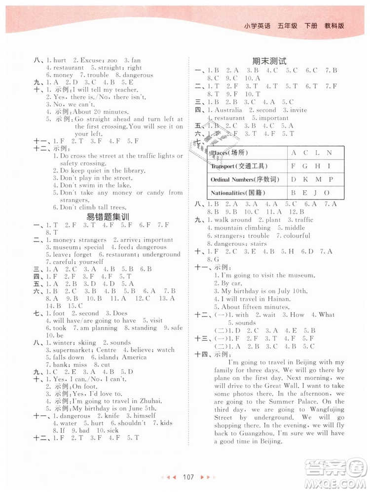 2019新版小學(xué)53天天練五年級下冊英語教科版廣州專用參考答案