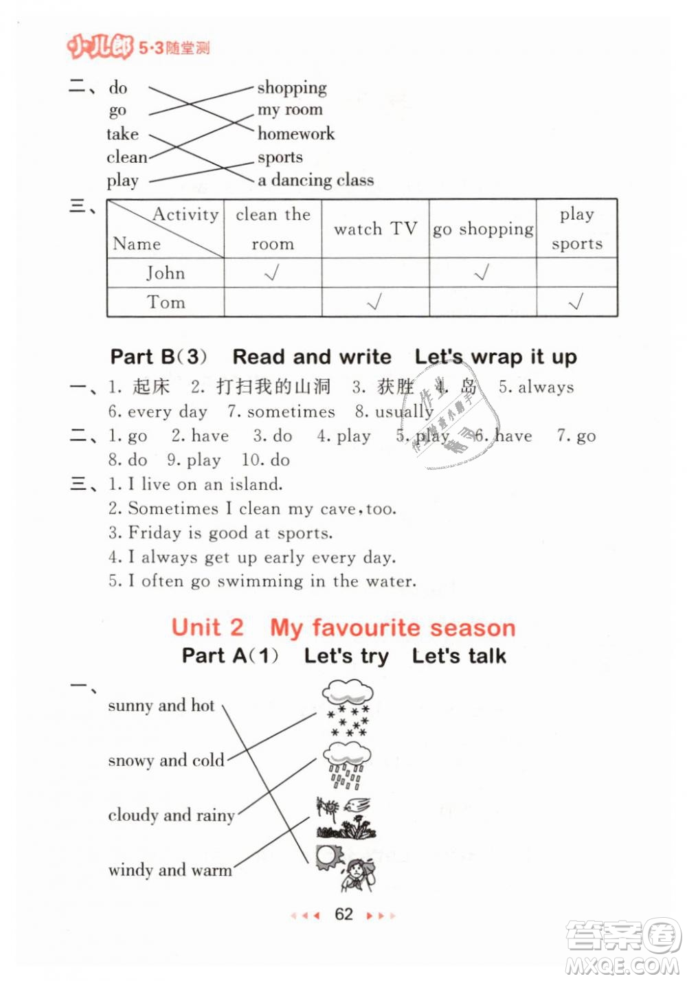 2019年小兒郎53隨堂測(cè)小學(xué)英語(yǔ)五年級(jí)下冊(cè)人教RP版參考答案