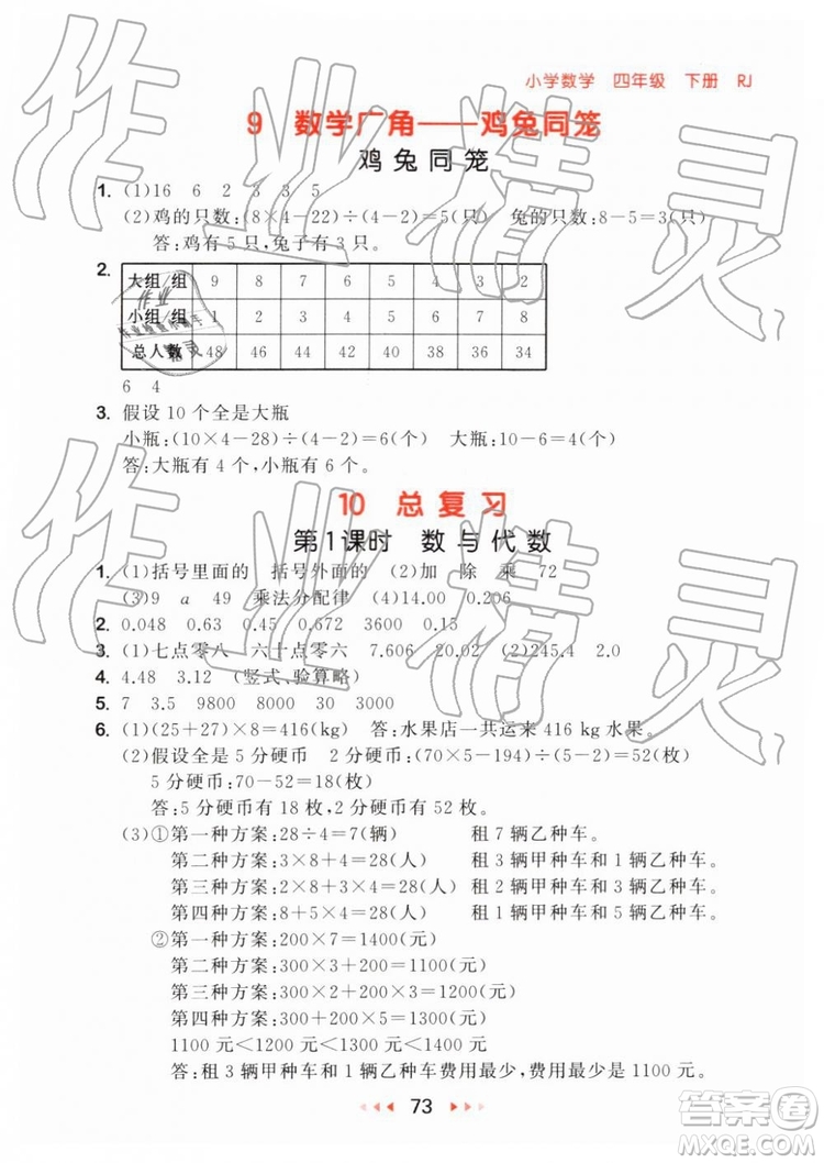 2019年小兒郎53隨堂測四年級下冊數(shù)學RJ人教版參考答案