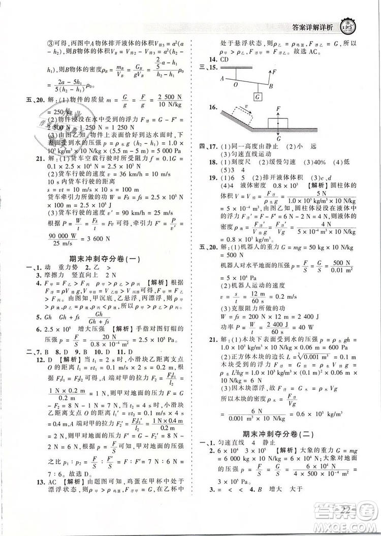 2019年王朝霞考點(diǎn)梳理時(shí)習(xí)卷八年級(jí)物理下冊(cè)人教版參考答案