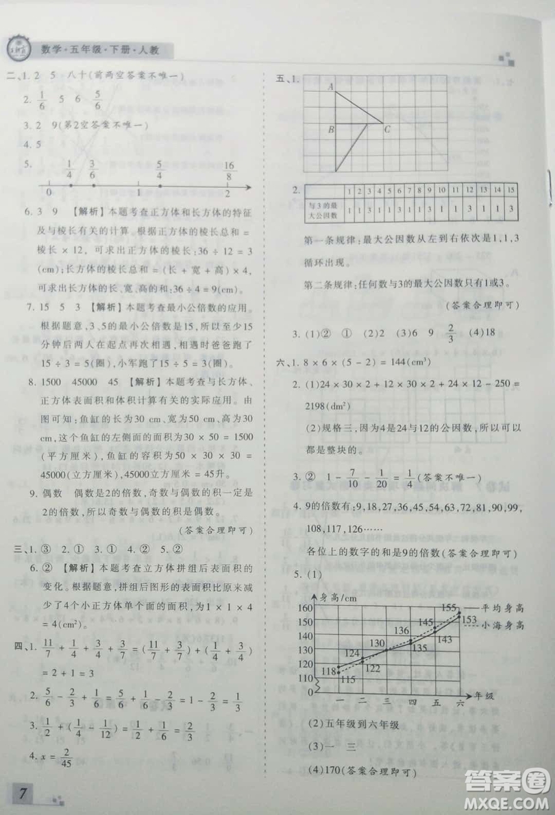 2019年王朝霞期末真題精編五年級數(shù)學下冊人教版參考答案