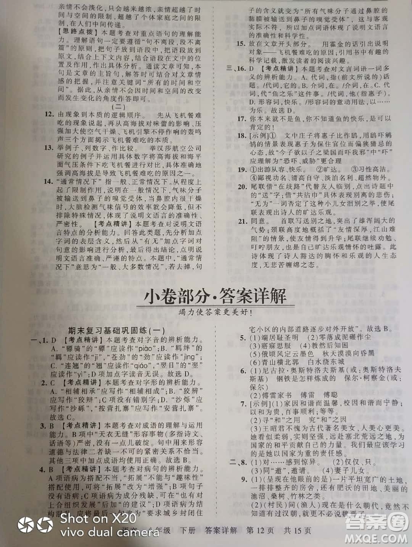 2019年王朝霞期末真題精編八年級語文下冊人教版參考答案