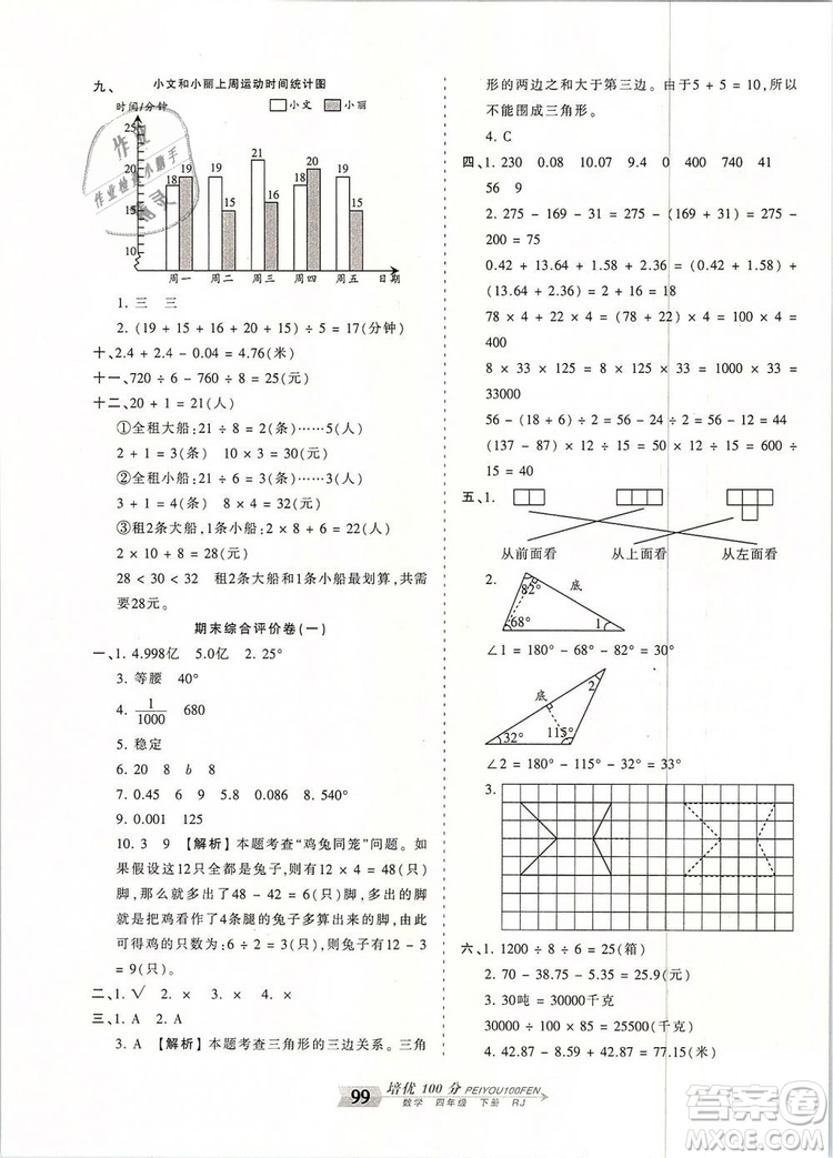 2019年王朝霞培優(yōu)100分四年級數(shù)學(xué)下冊人教版參考答案