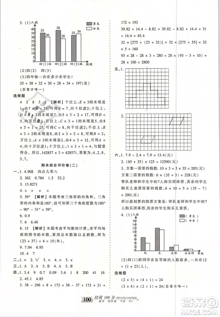 2019年王朝霞培優(yōu)100分四年級數(shù)學(xué)下冊人教版參考答案