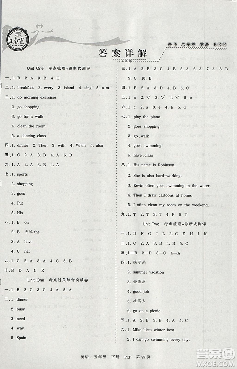 2019年王朝霞考點(diǎn)梳理時習(xí)卷五年級英語下冊人教PEP版參考答案