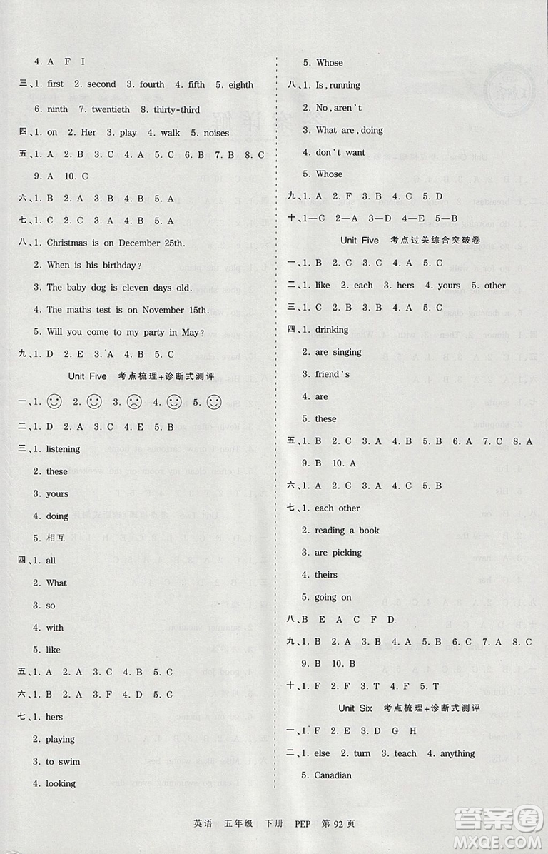 2019年王朝霞考點(diǎn)梳理時習(xí)卷五年級英語下冊人教PEP版參考答案