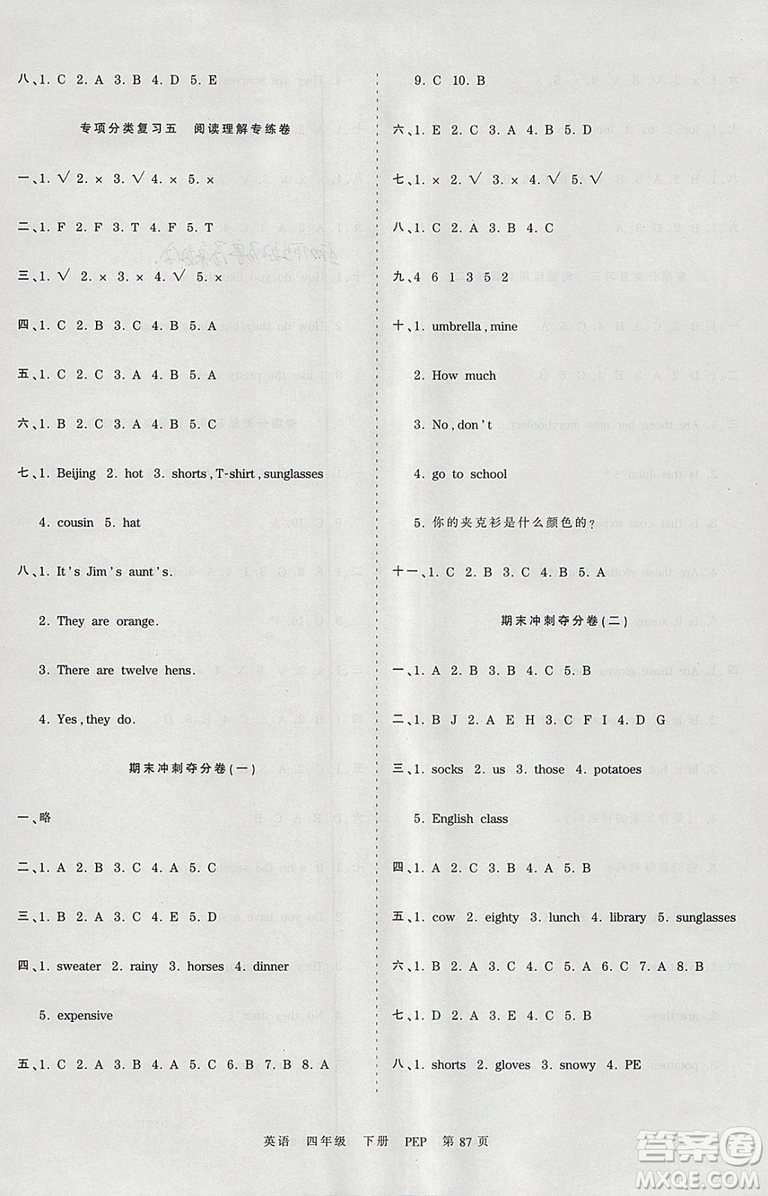 2019年王朝霞考點梳理時習卷四年級英語下冊人教PEP版參考答案