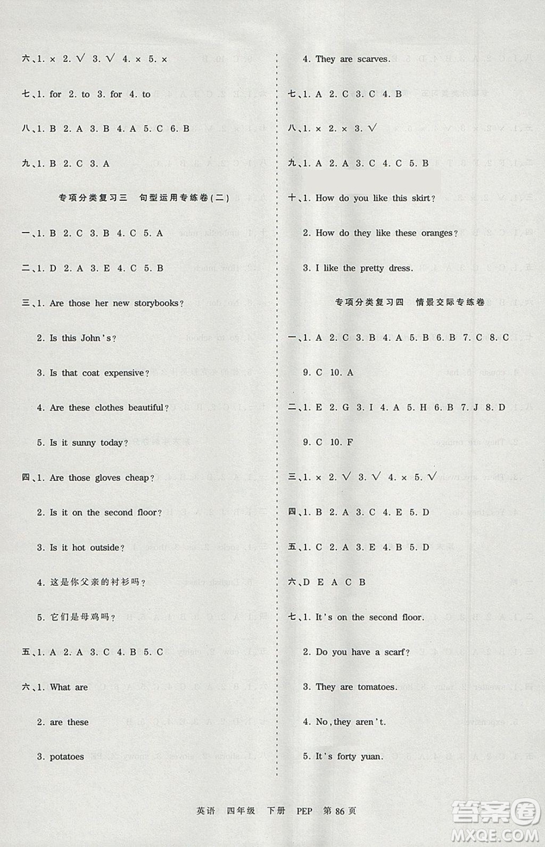 2019年王朝霞考點梳理時習卷四年級英語下冊人教PEP版參考答案