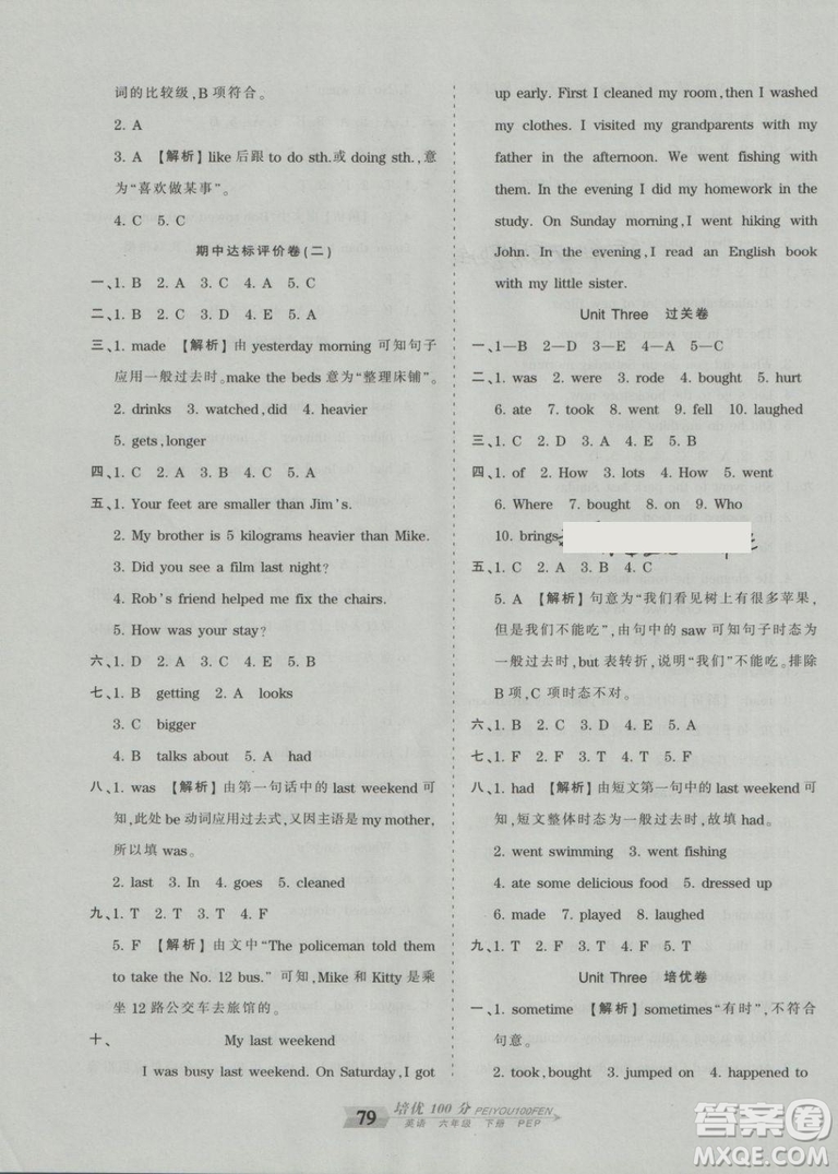 2019年王朝霞培優(yōu)100分六年級英語下冊人教PEP版參考答案